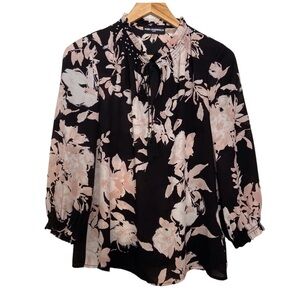 KARL Lagerfeld floral crepe blouse black pink ecru white pearls embellishments